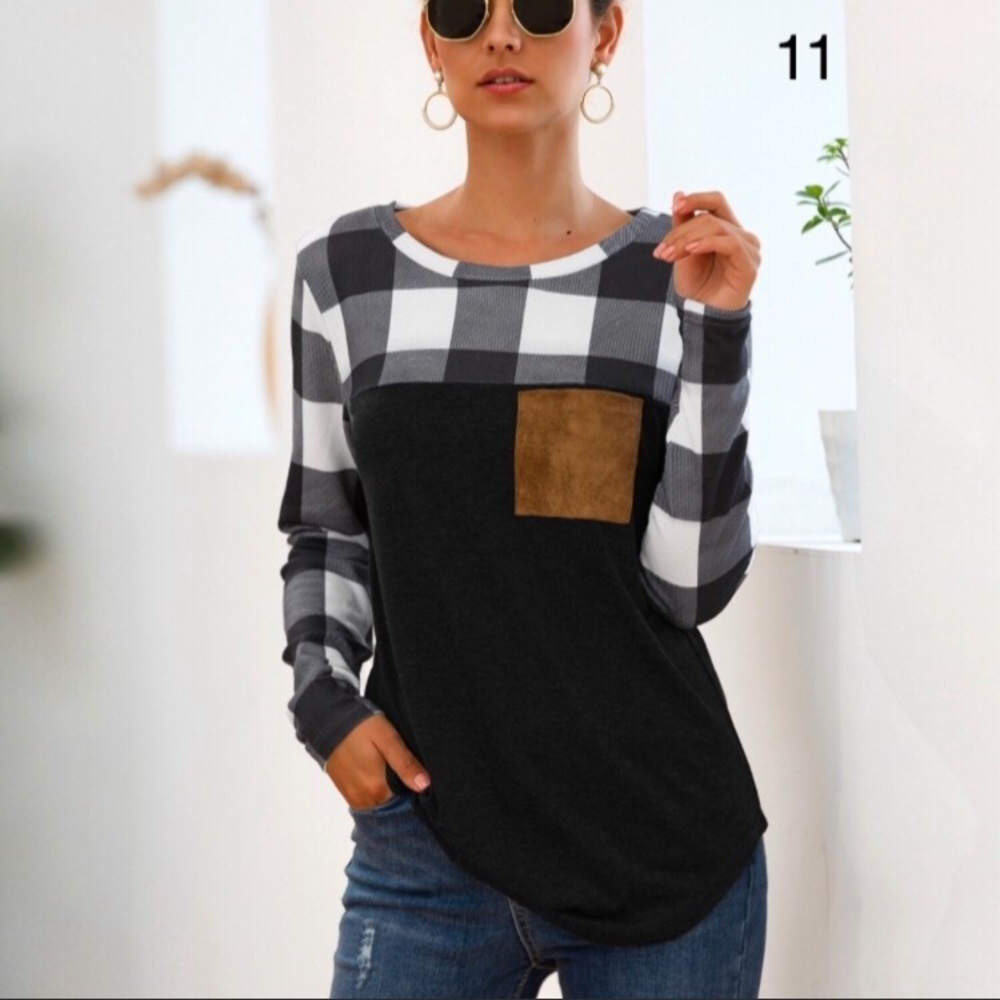 *3 for $30* Black White Plaid Top Suede Pocket